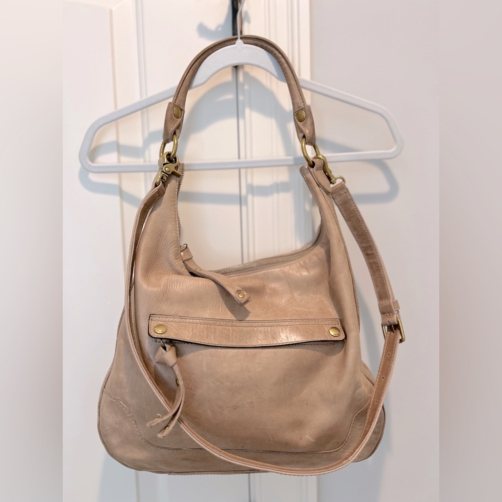 Frye Melissa Large Zip Hobo Leather Bag in Beige